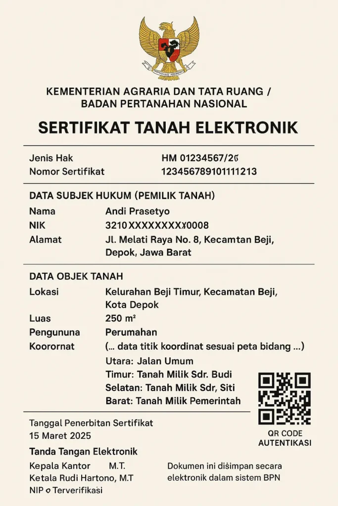 contoh sertifikat tanah elektronik